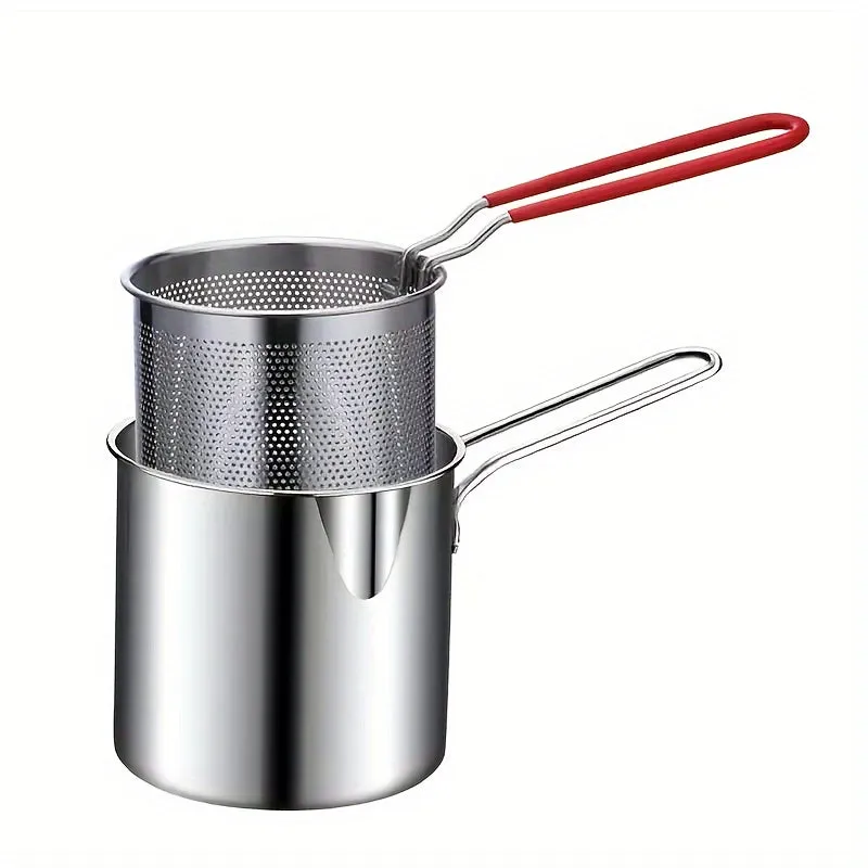 kkboxly 1pc Japanese-Style Mini Deep Fryer Pot - 304 Stainless Steel Gas Frying Pot with Filter Net for Tempura Oil Saving - Compact Space-Saving Design for Household Kitchen