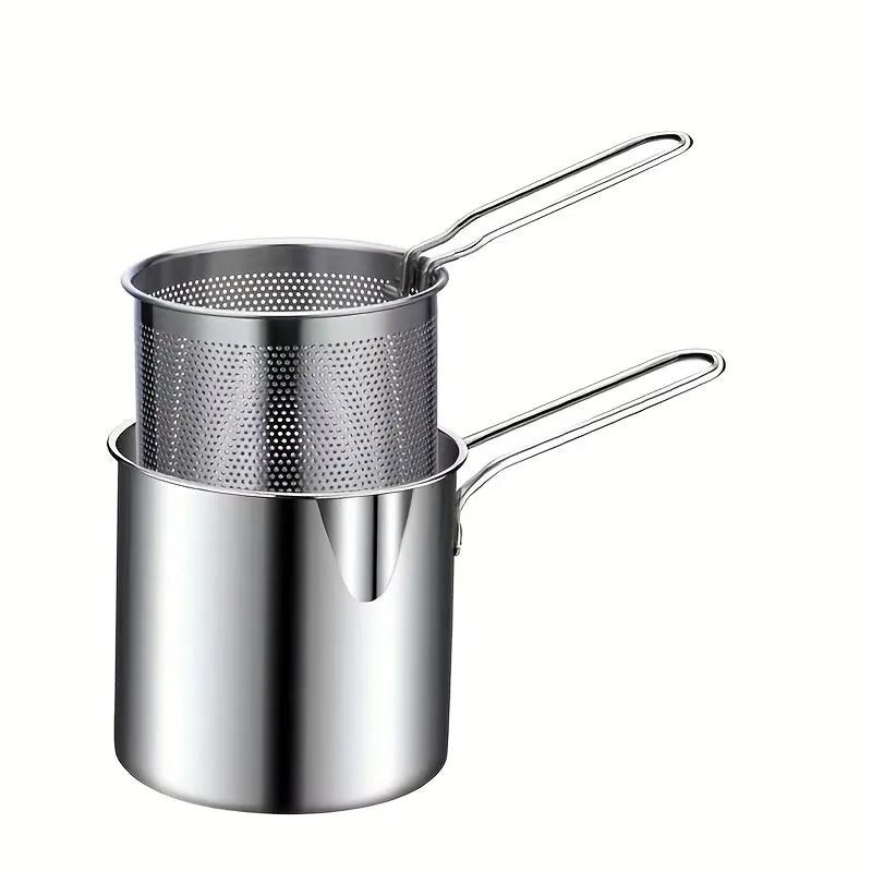 kkboxly 1pc Japanese-Style Mini Deep Fryer Pot - 304 Stainless Steel Gas Frying Pot with Filter Net for Tempura Oil Saving - Compact Space-Saving Design for Household Kitchen