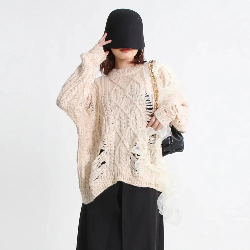 Knitting Loose Sweater For Women Round Neck Long Sleeve Patchwork Mesh Casual Pullover Female Clothing Fashion