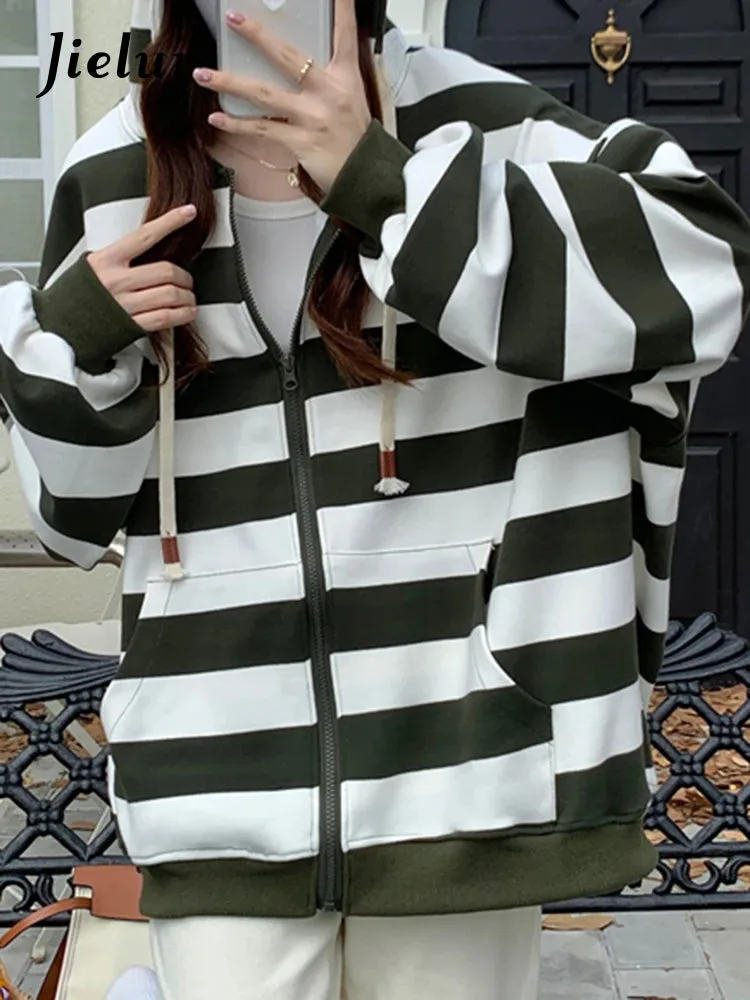 Korean Style Zipper Striped Female Hoodies Autumn Loose Casual Drawstring Streetwear Long Sleeve Women Sweatshirts