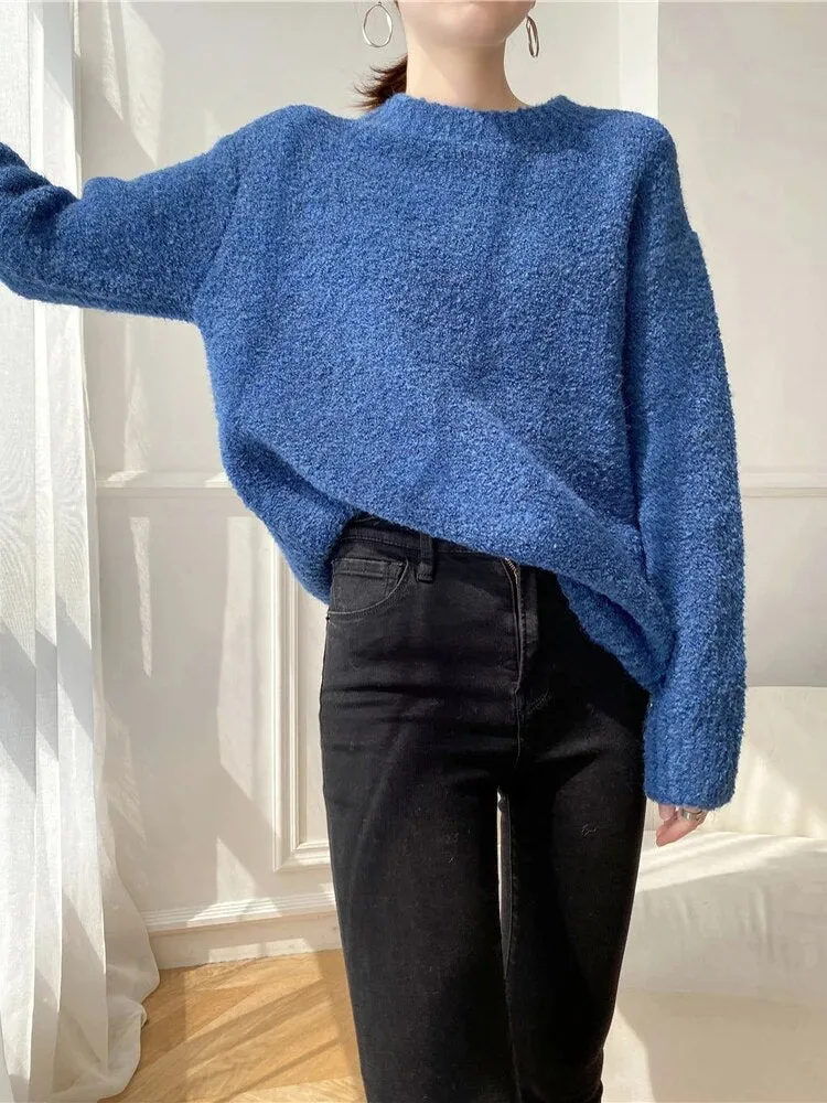 Loose Knitting Sweater For Women Round Neck Long Sleeve Solid Minimalist Casual Korean Pullover Female Autumn