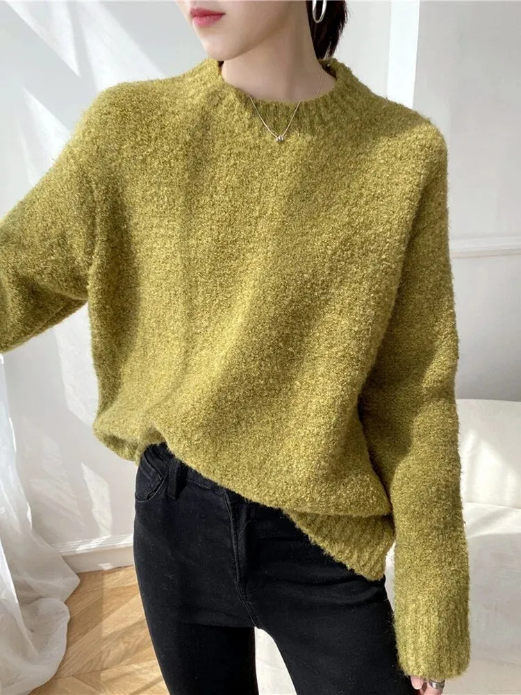 Loose Knitting Sweater For Women Round Neck Long Sleeve Solid Minimalist Casual Korean Pullover Female Autumn