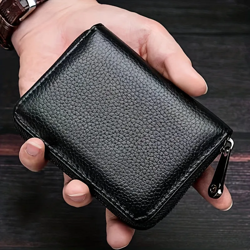 Men's Compact RFID-Safe Wallet - Secure Anti-theft Zippered Card Holder, Perfect for Office Work