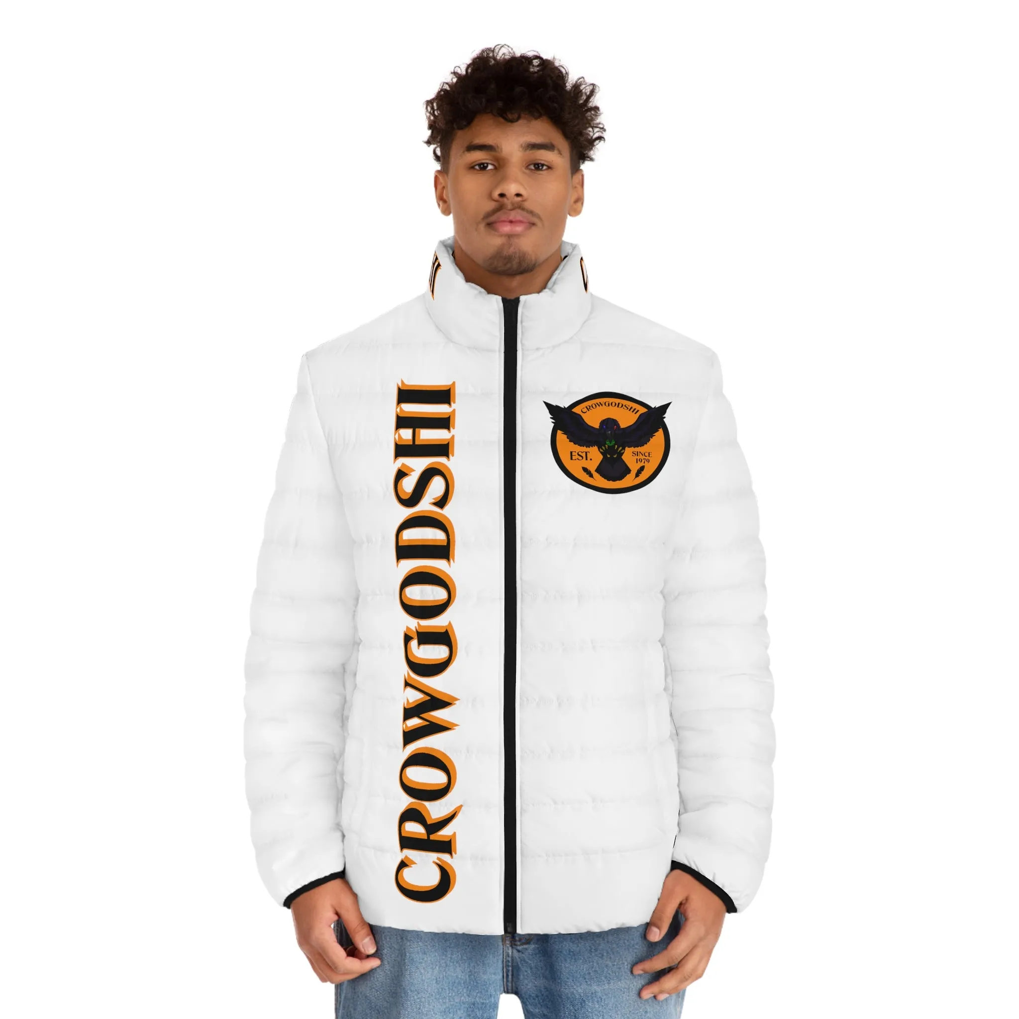 Men's CROWGODSHI 2nd GEN Puffer Jacket, WHITE W/ ORANGE LOGO