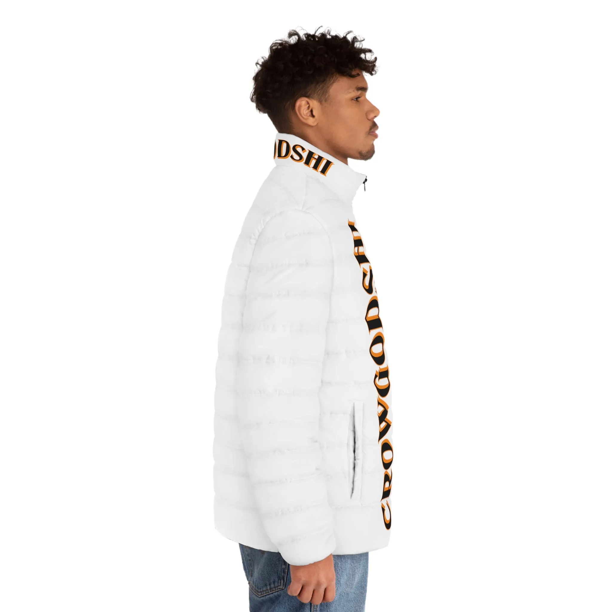 Men's CROWGODSHI 2nd GEN Puffer Jacket, WHITE W/ ORANGE LOGO