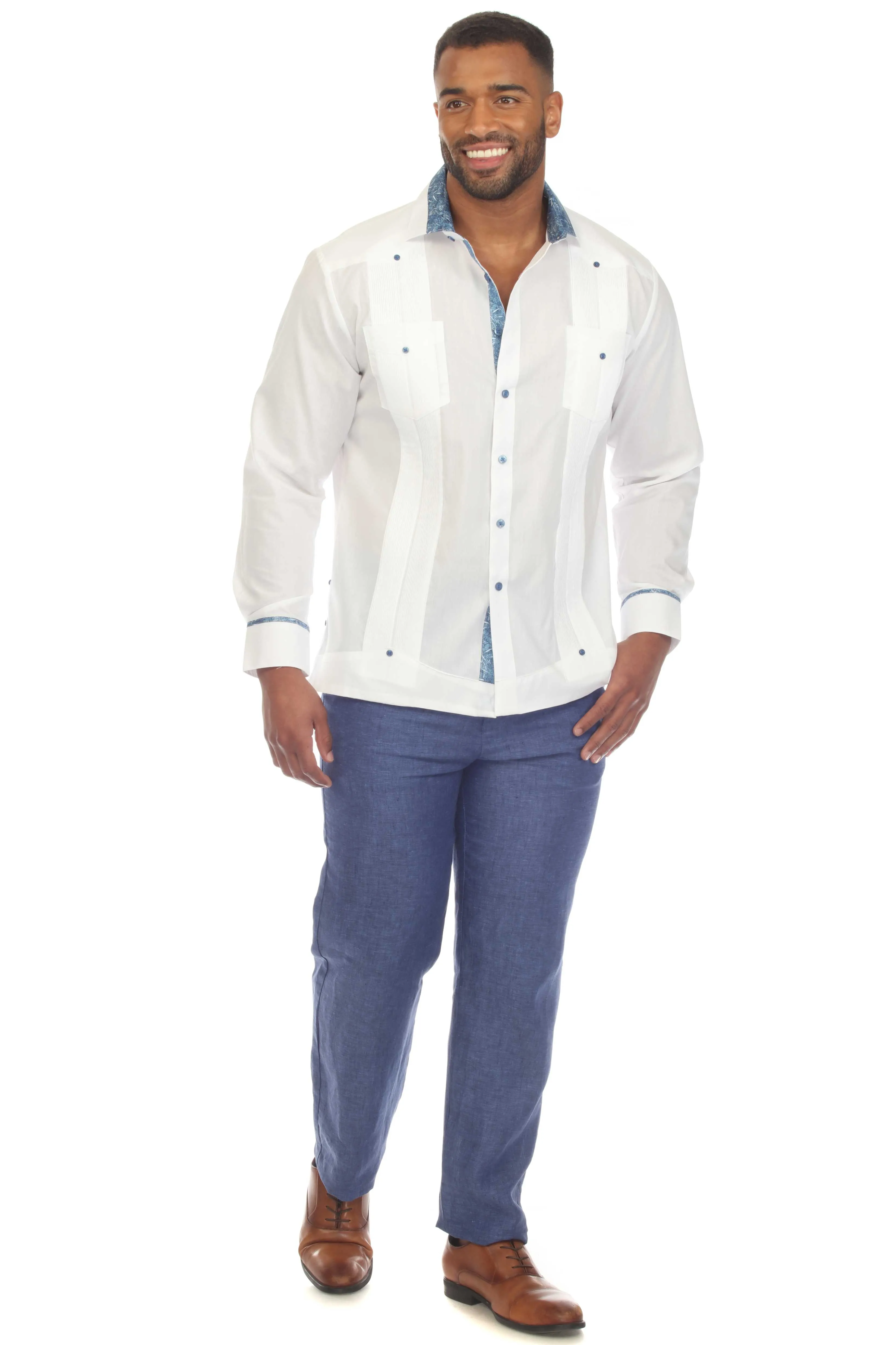 Men's Guayabera Chacabana Shirt Cotton Blend Long Sleeve with Contrast Accent Trim