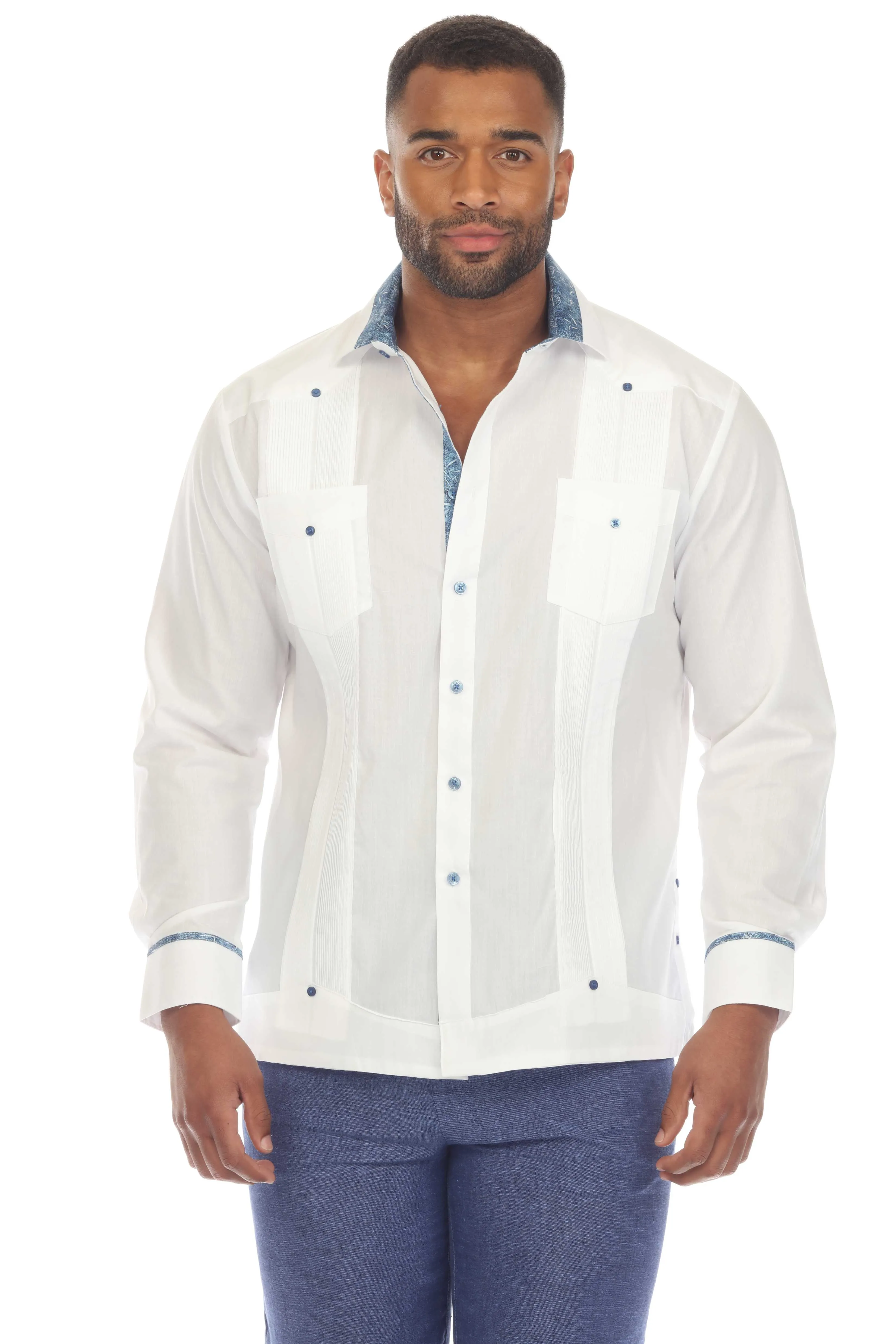 Men's Guayabera Chacabana Shirt Cotton Blend Long Sleeve with Contrast Accent Trim