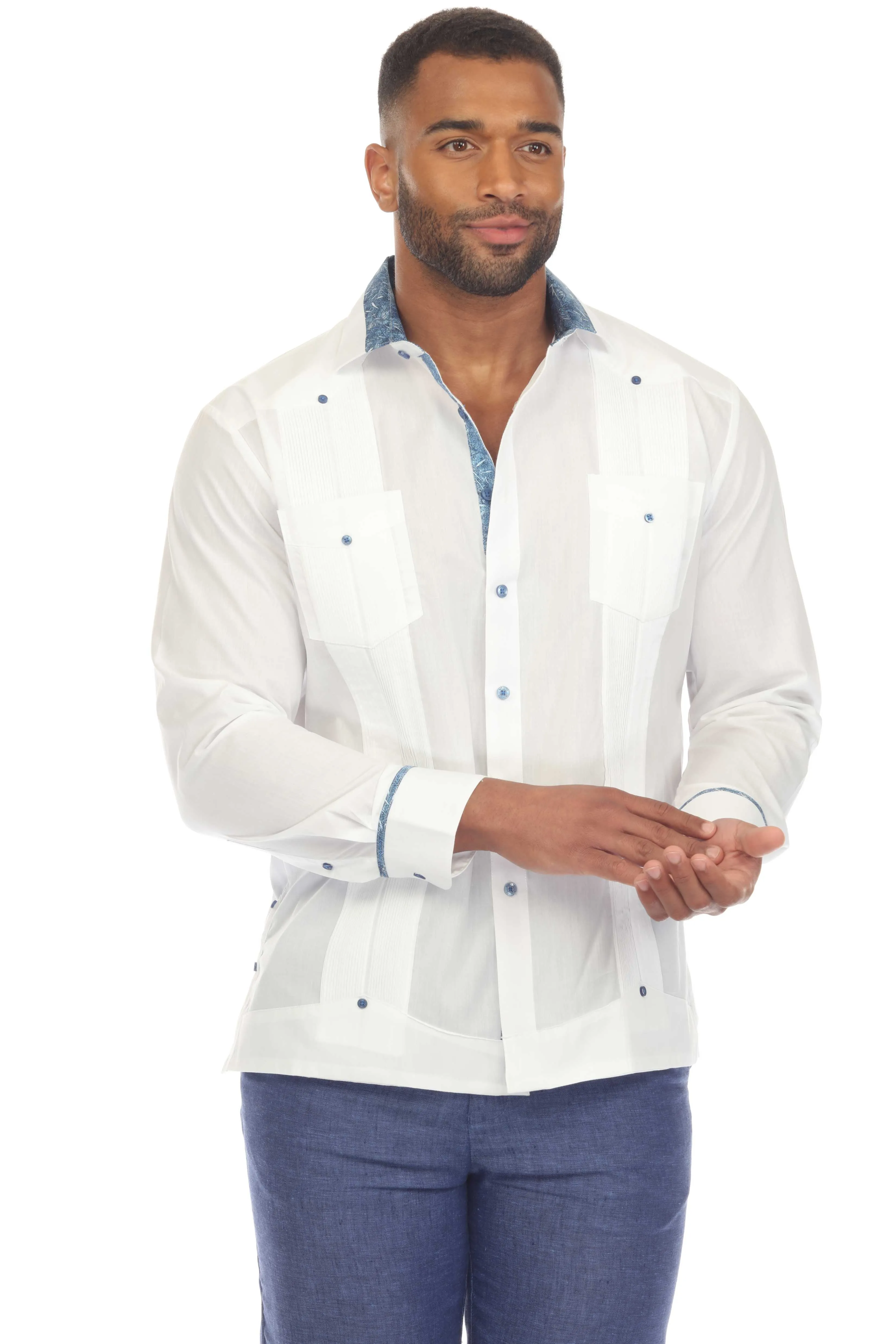 Men's Guayabera Chacabana Shirt Cotton Blend Long Sleeve with Contrast Accent Trim