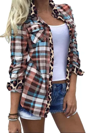 Multicolor Plaid Print Leopard Trim Shirt Jacket