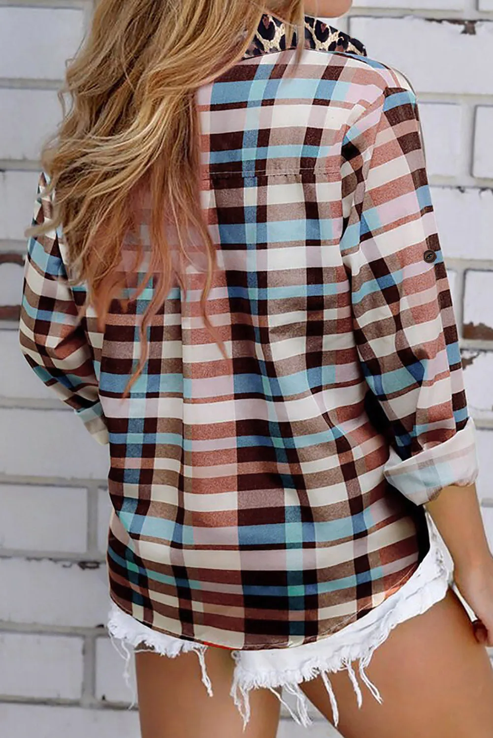 Multicolor Plaid Print Leopard Trim Shirt Jacket