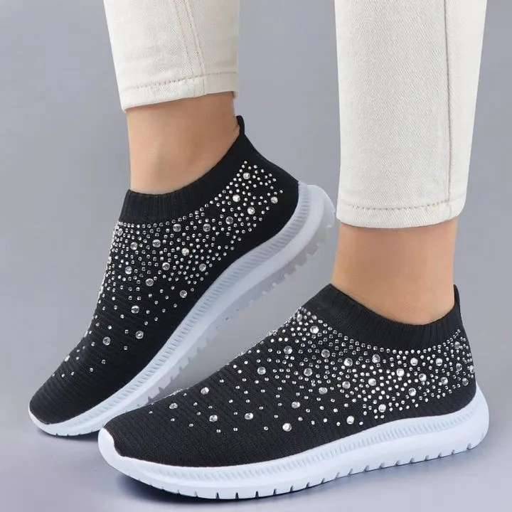 Owlkay Women's Crystal Breathable Slip-On Walking Shoes