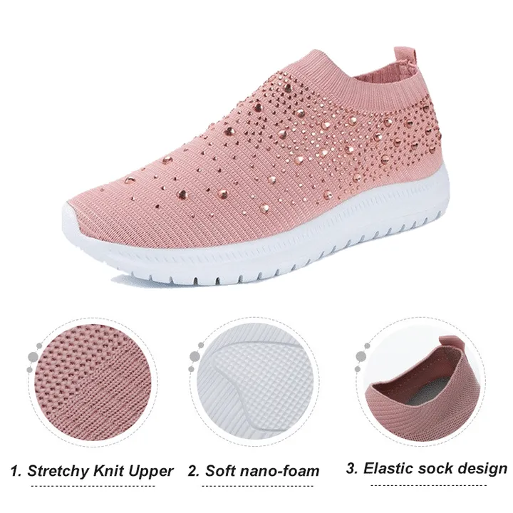 Owlkay Women's Crystal Breathable Slip-On Walking Shoes