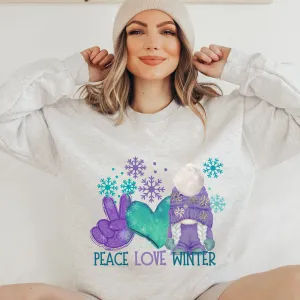 Peace Love Winter Gnome Crewneck Sweatshirt Women's Soft, Cozy Crewneck Pullover in Ash or White Snowflake and Gnome Design