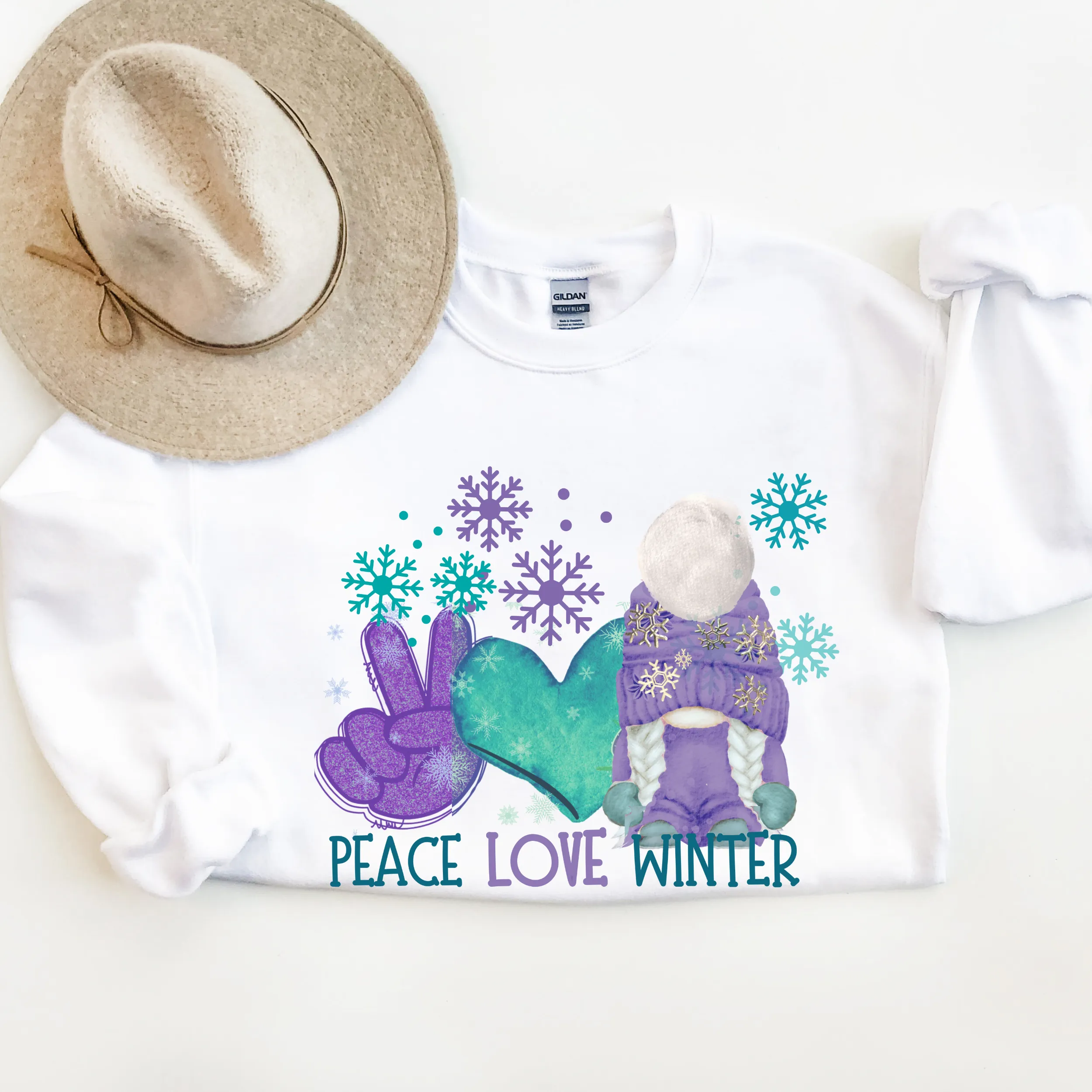 Peace Love Winter Gnome Crewneck Sweatshirt Women's Soft, Cozy Crewneck Pullover in Ash or White Snowflake and Gnome Design