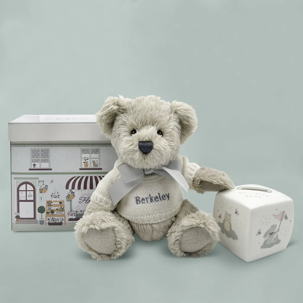 Personalised Grey Berkeley Bear and Little Love Money Box