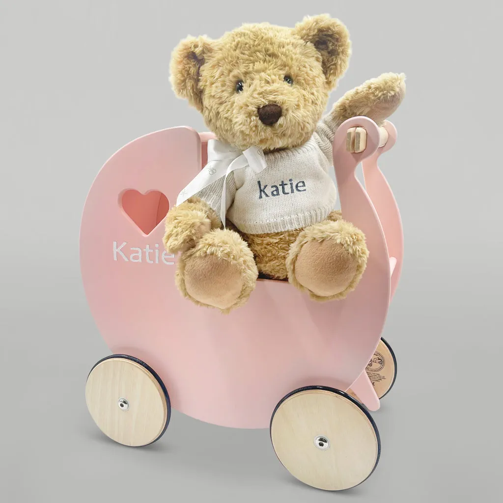 Personalised Pink Wooden Pram & Bernard Bear