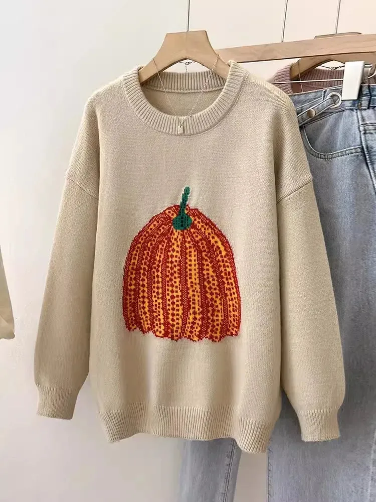 Pumpkin Pattern Sweater Women Knit Top Loose Long Sleeves Warm Autumn Winter Streetwear Fashion Girl Pullover C-279