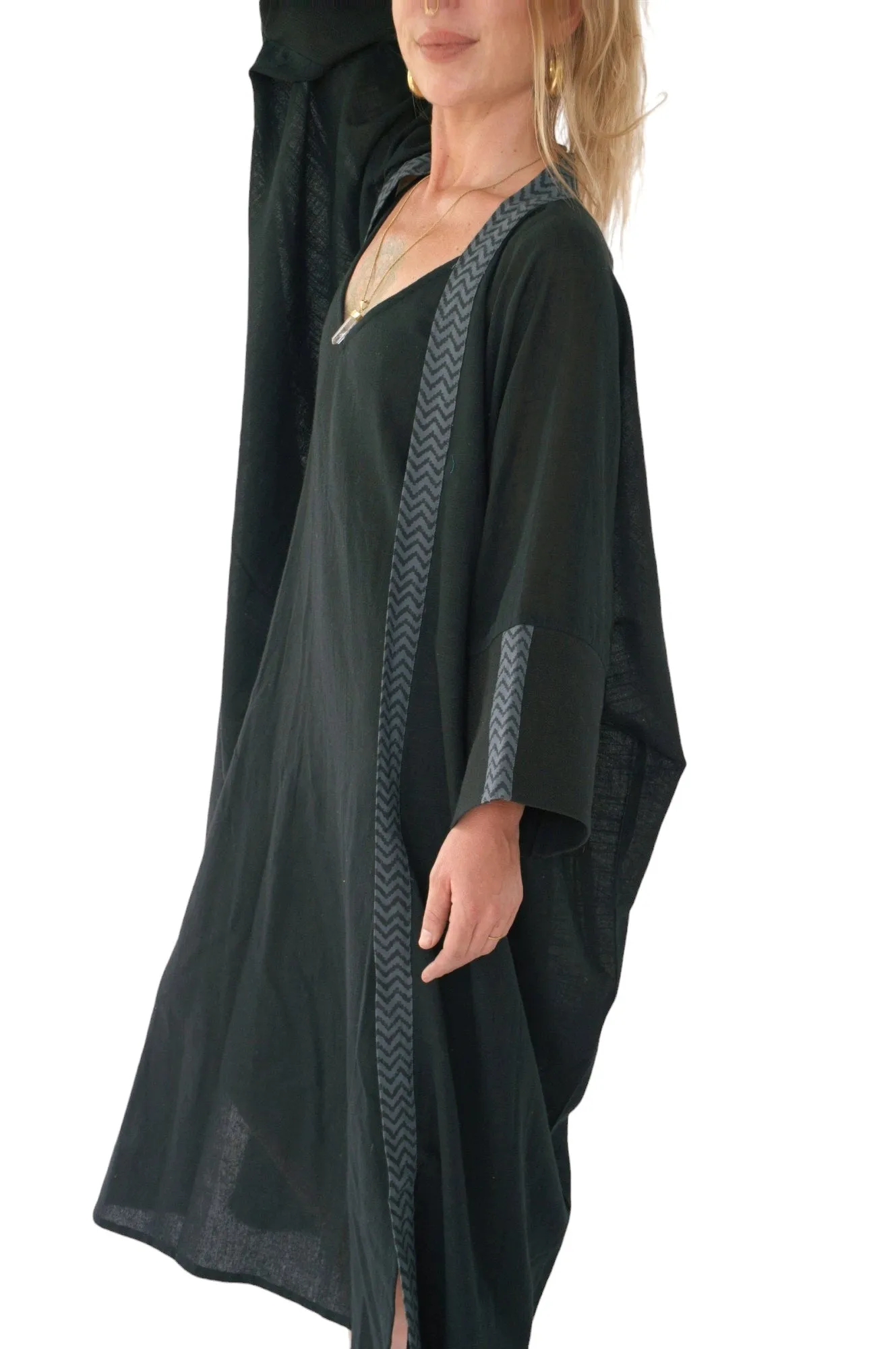 Raw Cotton Black Long Kimono