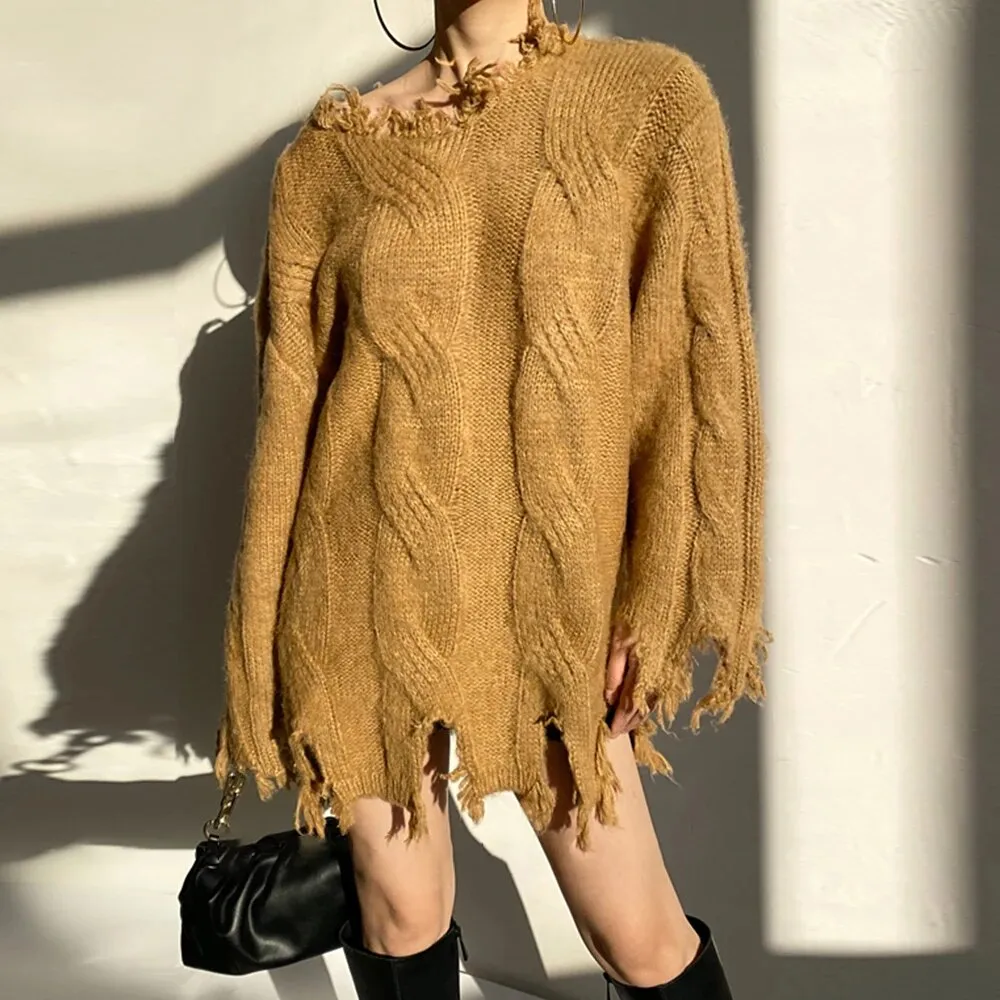 Raw Hem Spliced Tassel Knitting Sweaters For Women Diagonal Collar Long Sleeve Loose Casual Pullover Sweater Female