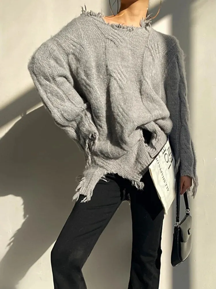 Raw Hem Spliced Tassel Knitting Sweaters For Women Diagonal Collar Long Sleeve Loose Casual Pullover Sweater Female