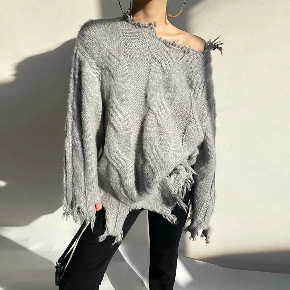 Raw Hem Spliced Tassel Knitting Sweaters For Women Diagonal Collar Long Sleeve Loose Casual Pullover Sweater Female