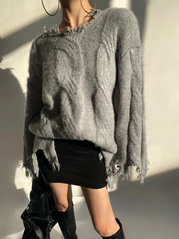 Raw Hem Spliced Tassel Knitting Sweaters For Women Diagonal Collar Long Sleeve Loose Casual Pullover Sweater Female