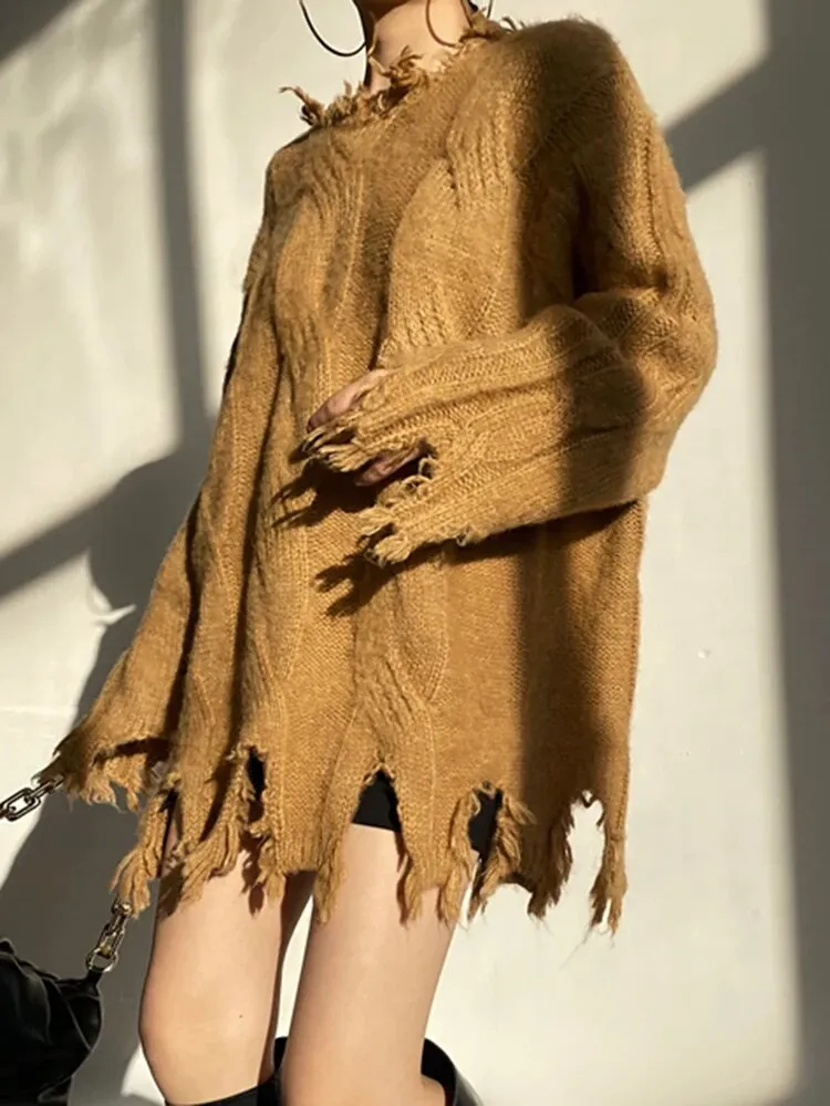 Raw Hem Spliced Tassel Knitting Sweaters For Women Diagonal Collar Long Sleeve Loose Casual Pullover Sweater Female