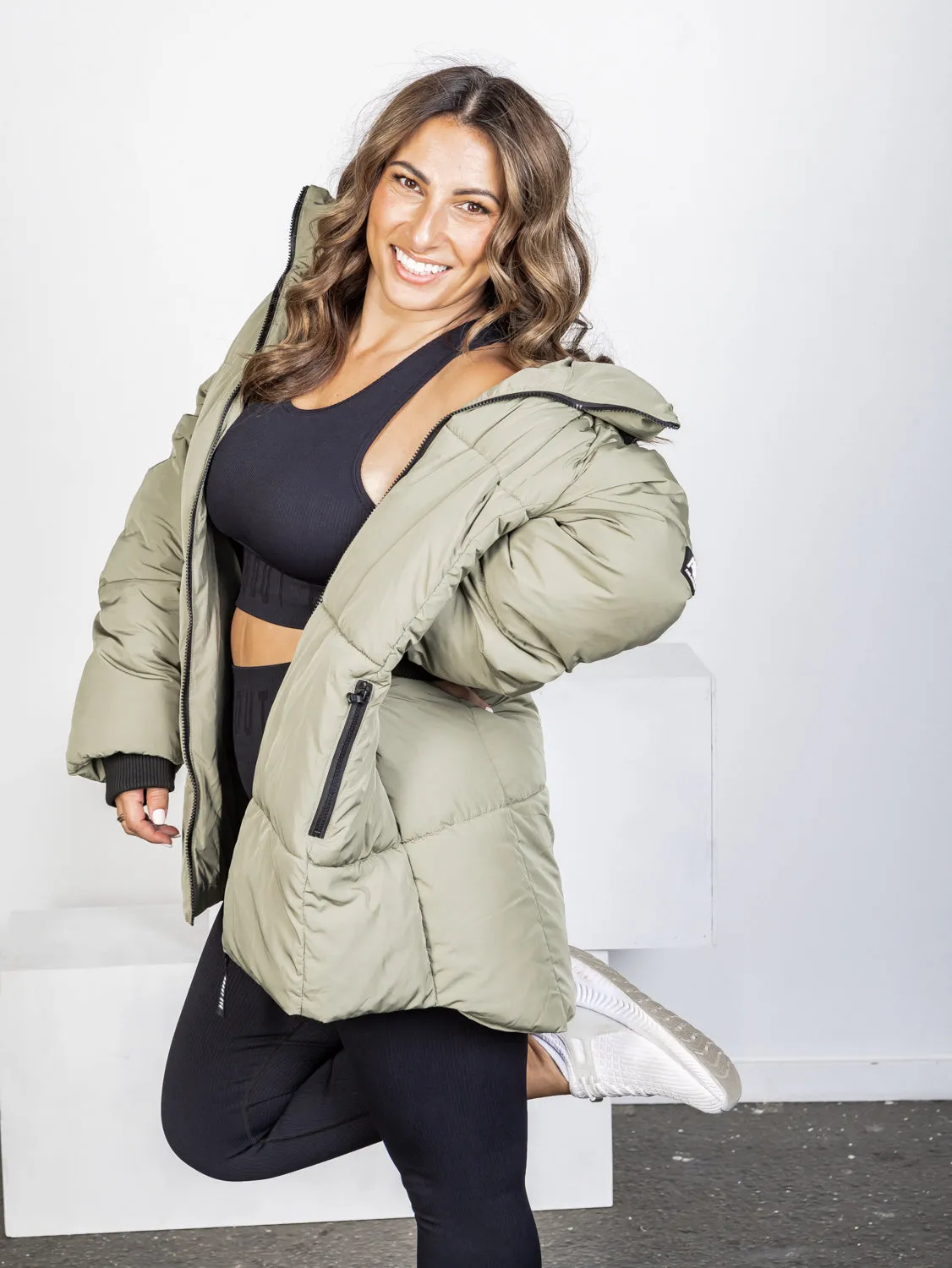 Remi Luxe Midi Puffer Jacket - Khaki