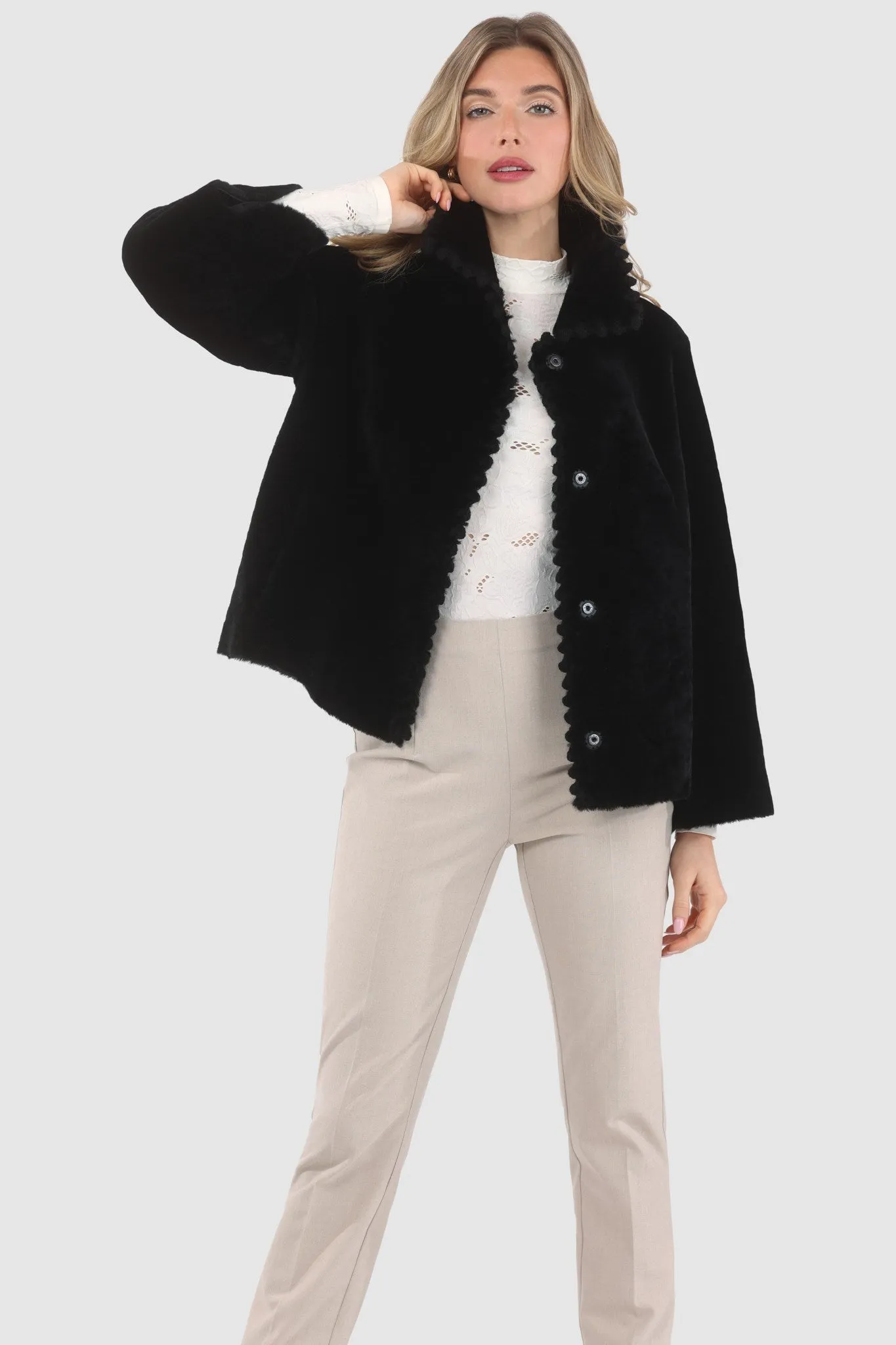 Reversible Select Shearling Jacket with Embroiderd Trim