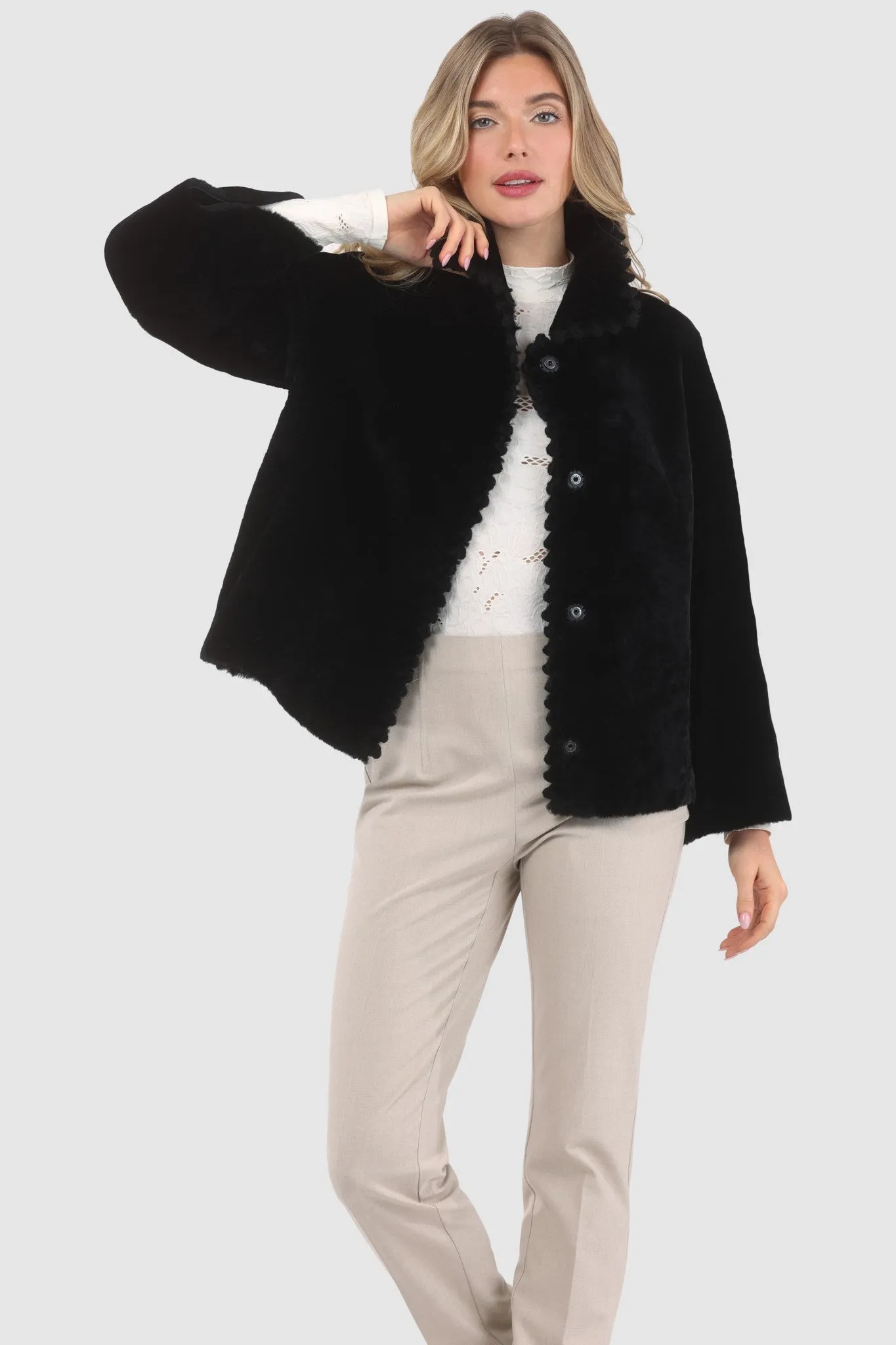 Reversible Select Shearling Jacket with Embroiderd Trim