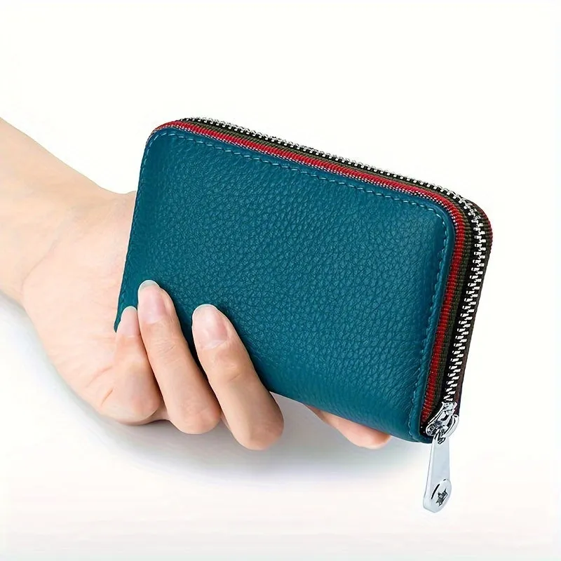 RFID-Blocking Leather Wallet - Compact & Secure Zippered Card Holder for Men & Women, Ideal for Travel