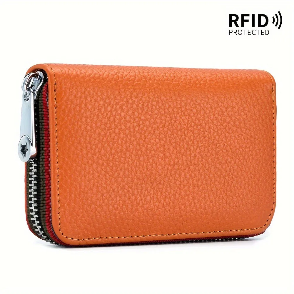 RFID-Blocking Leather Wallet - Compact & Secure Zippered Card Holder for Men & Women, Ideal for Travel