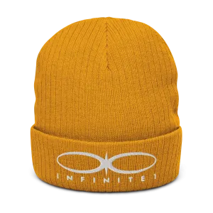 Ribbed Logo Over Text Mustard Yellow Knit Beanie