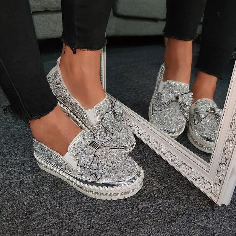 Shining Rhinestone Slip-on Thick Botton Casual Ladies Crystal Shoes