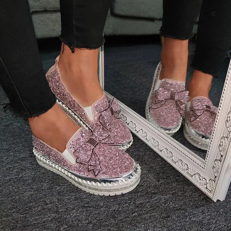 Shining Rhinestone Slip-on Thick Botton Casual Ladies Crystal Shoes