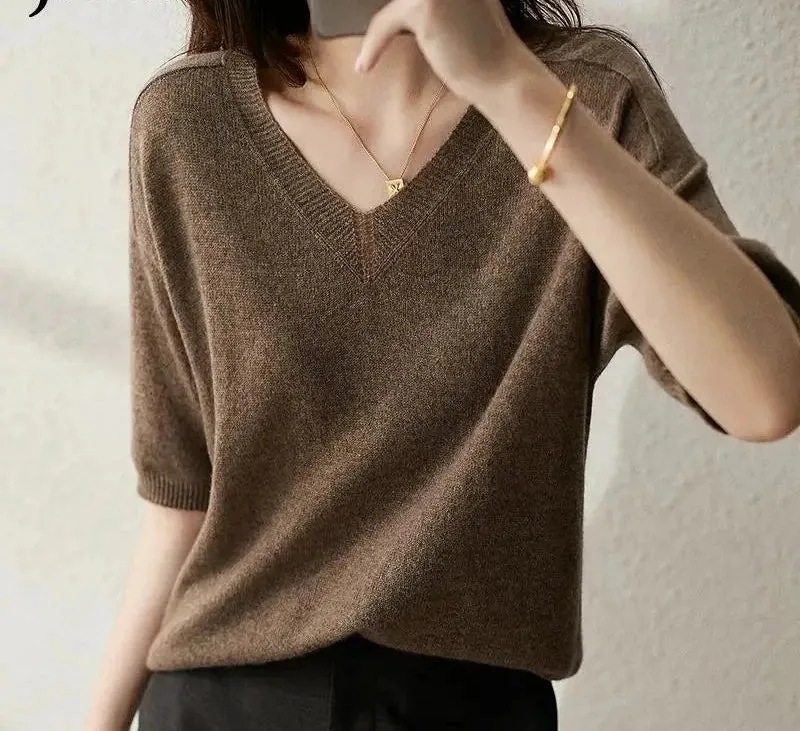 Solid Colour Knitted Women's Sweater Short-Sleeved Ladies V-Neck Cotton Pullover Korean Bottoming Shirt Sweater Summer