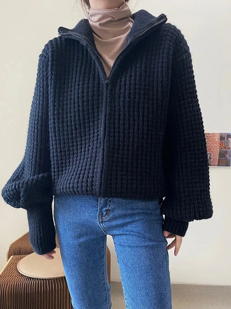 Solid Knitting Sweaters For Women Turtleneck Long Sleeve Loose Spliced Zipper Casual Sweater Female Fashion Clothes