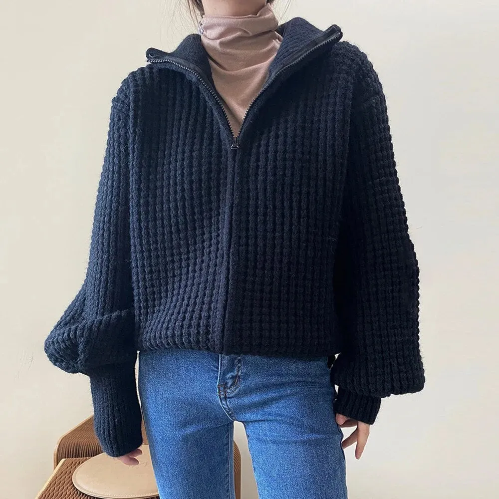 Solid Knitting Sweaters For Women Turtleneck Long Sleeve Loose Spliced Zipper Casual Sweater Female Fashion Clothes