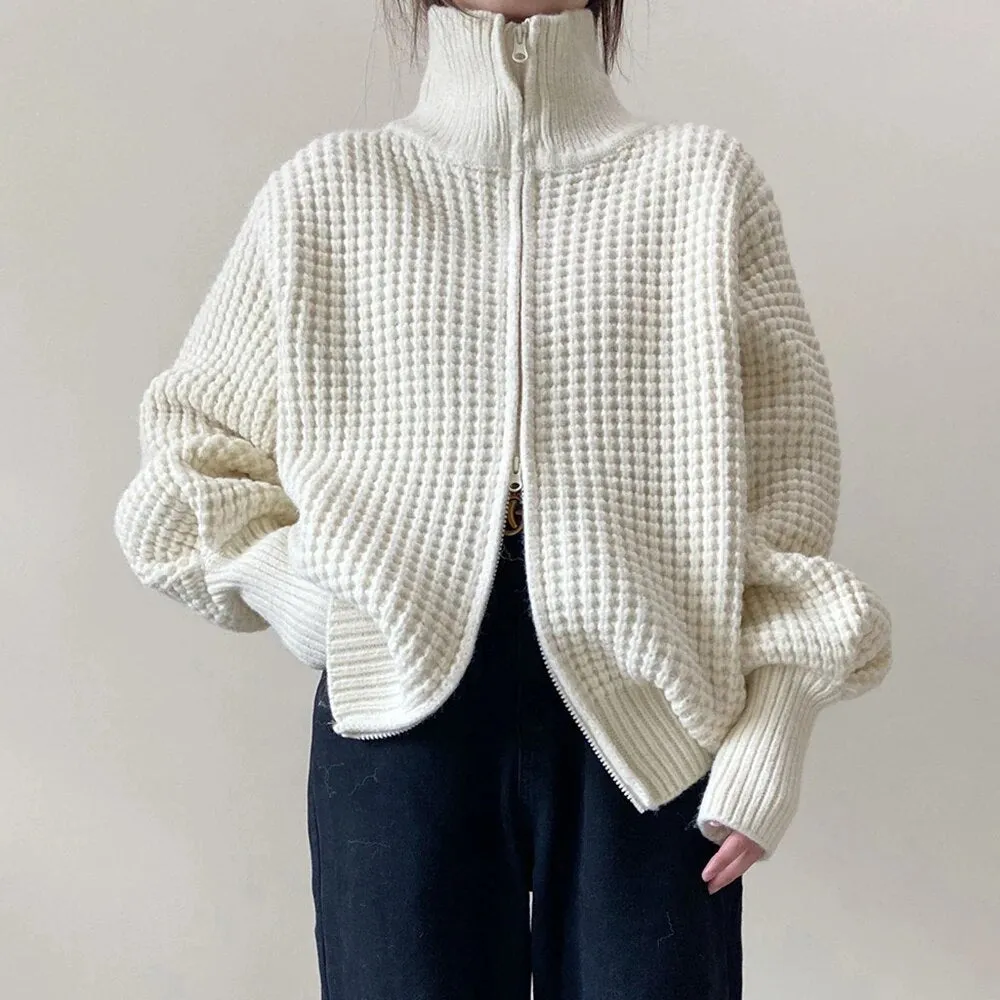 Solid Knitting Sweaters For Women Turtleneck Long Sleeve Loose Spliced Zipper Casual Sweater Female Fashion Clothes