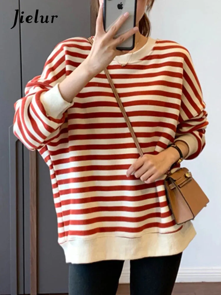 Spell Color Striped Loose Female Hoodies Chic Autumn Casual Office Lady O-neck Simple Pullover Fashion Women Sweatshirts