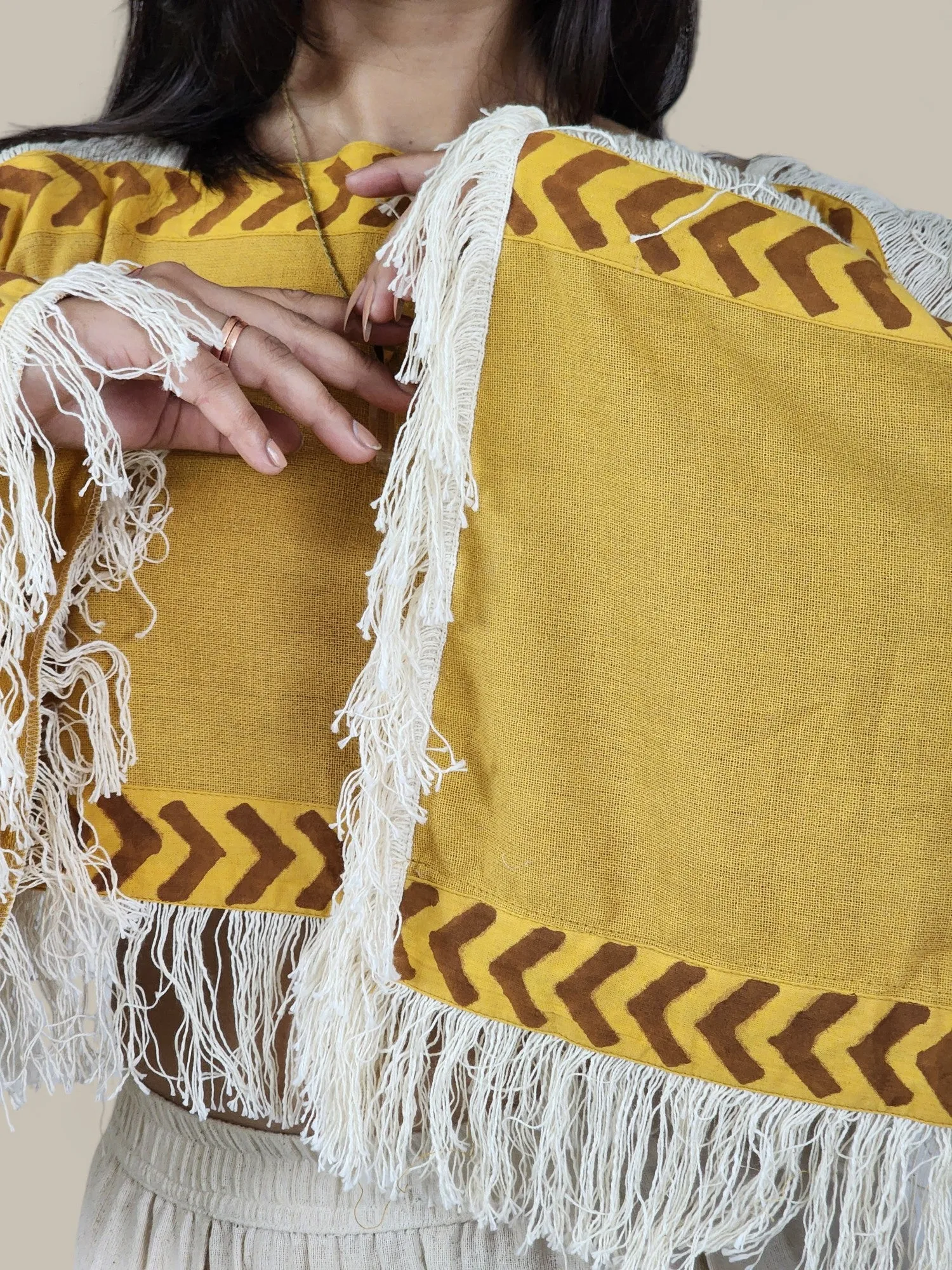 Turmeric Yellow Long Sleeve Crop Top with Fringe