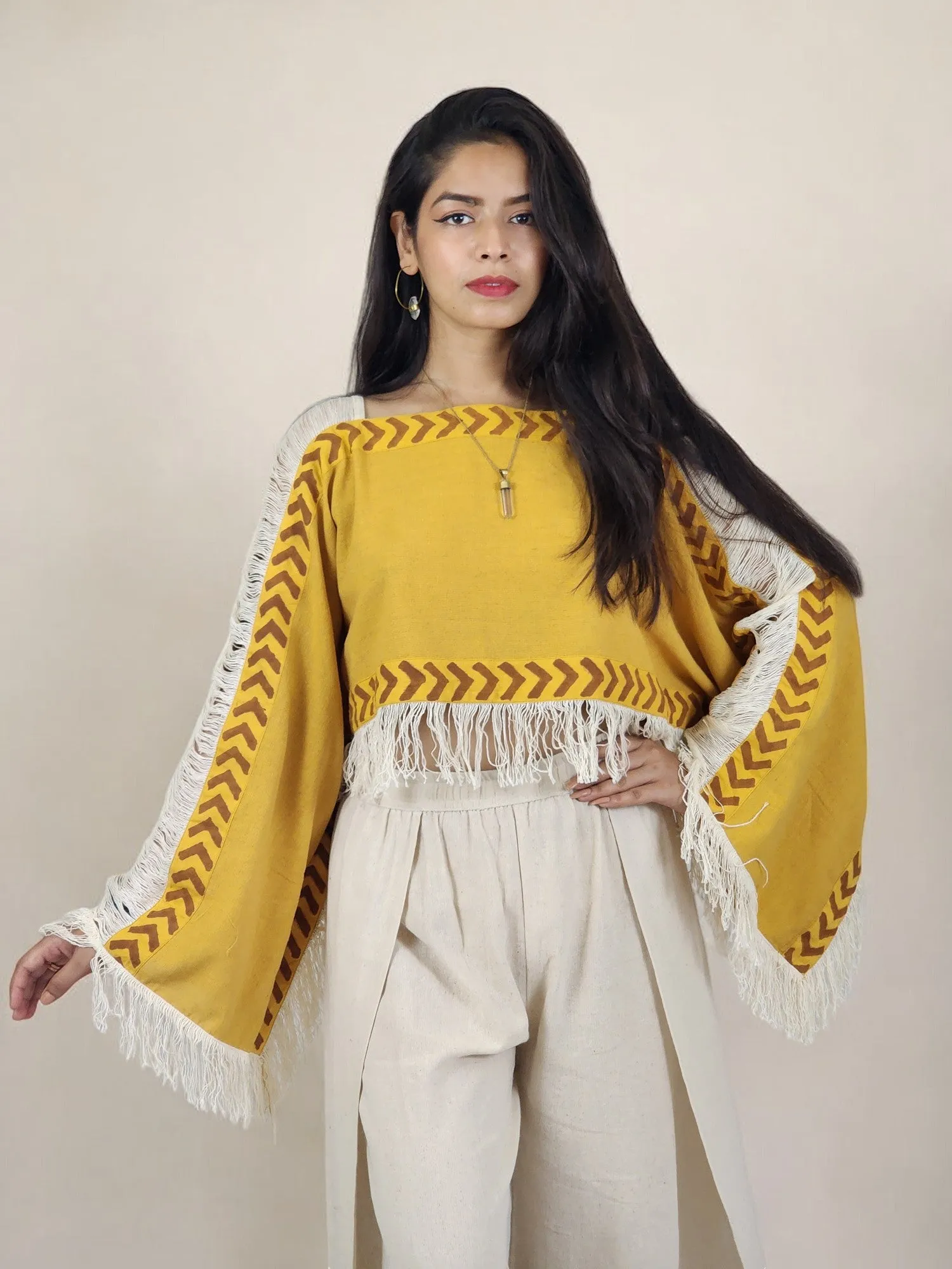 Turmeric Yellow Long Sleeve Crop Top with Fringe