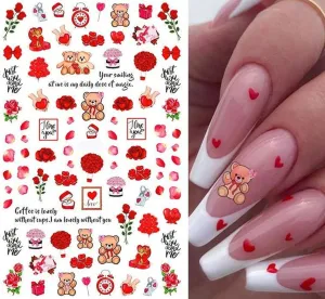 Valentines day Nails Red Hearts Teddy Bear Nail Stickers