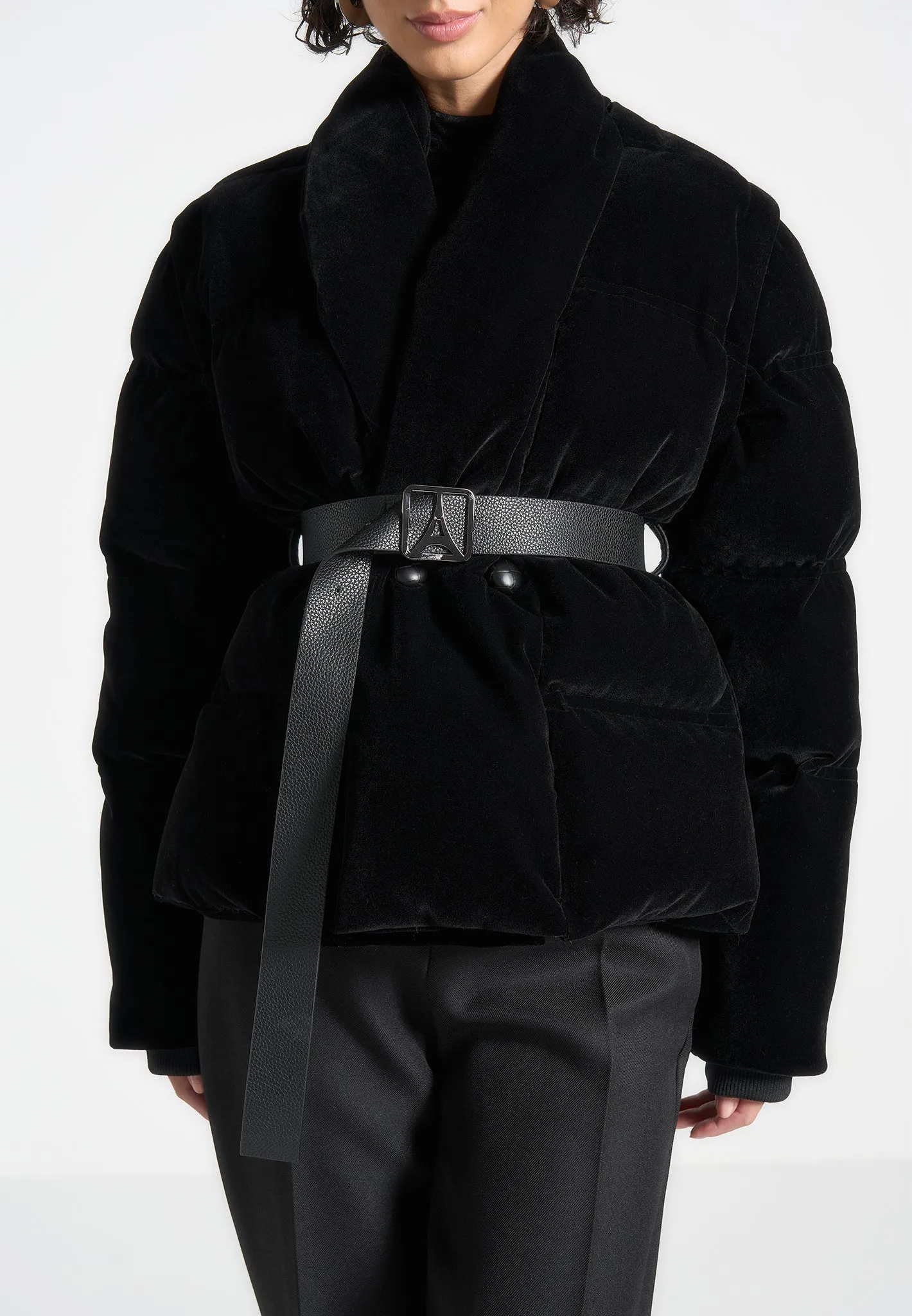 Velvet Wrap Belted Puffer Jacket - Black