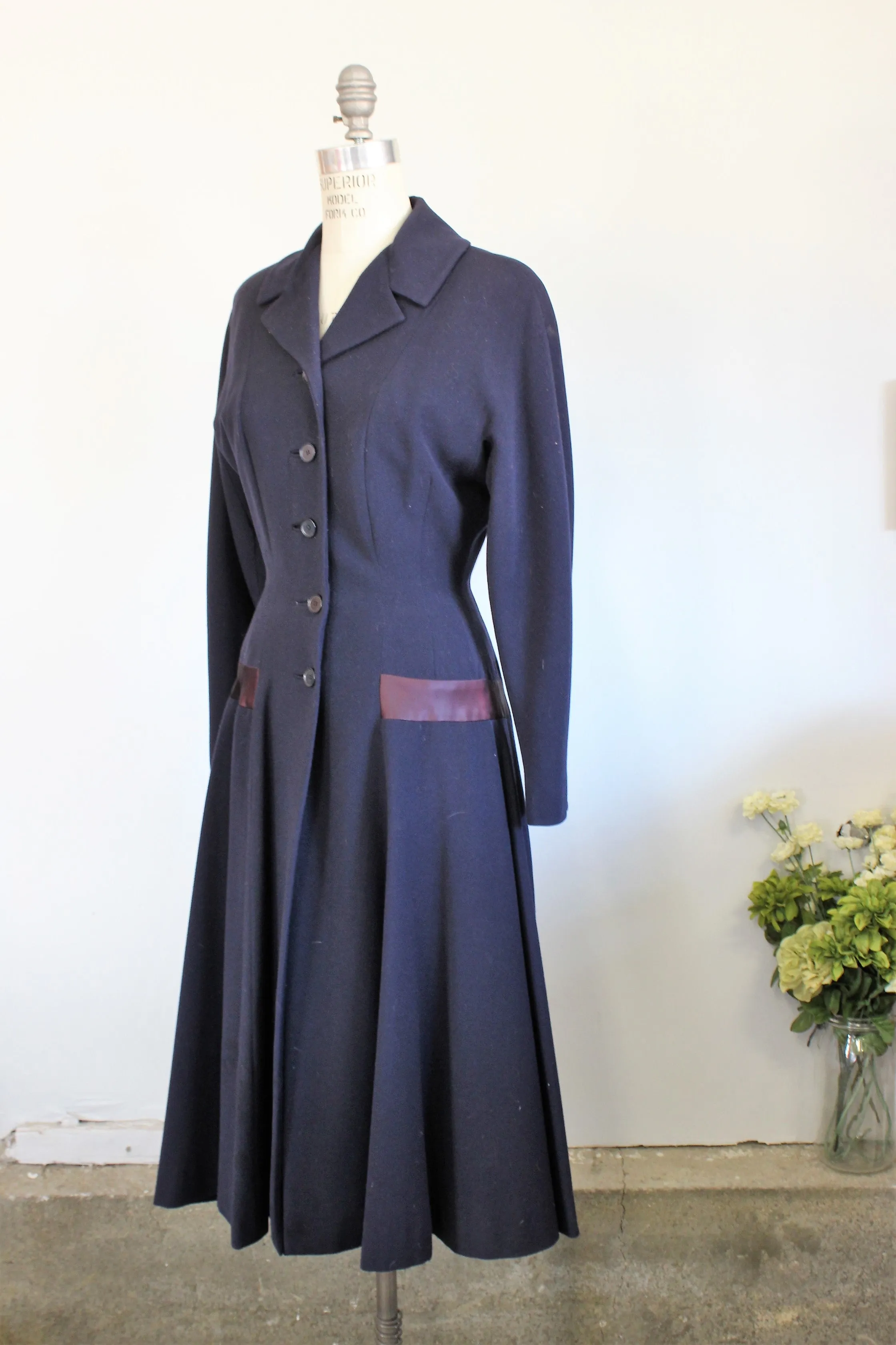 Vintage 1940s Blue Princess Coat With Large Bow In Back