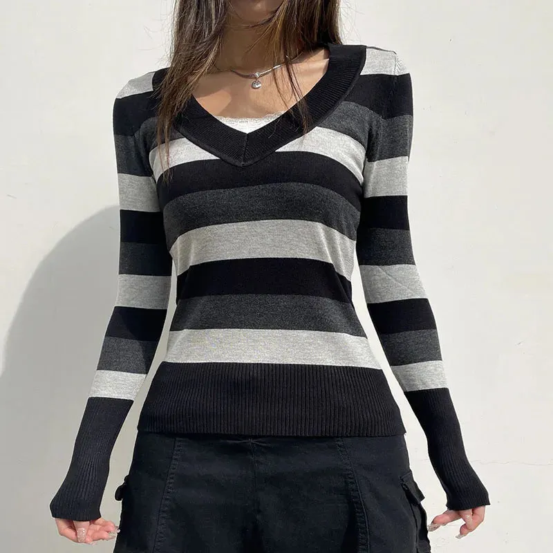 Vintage Gothic Stripe Slim Autumn Sweater Knitwear 90s Aesthetic Slim Knitted Pullover Harajuku V Neck Knit Jumpers