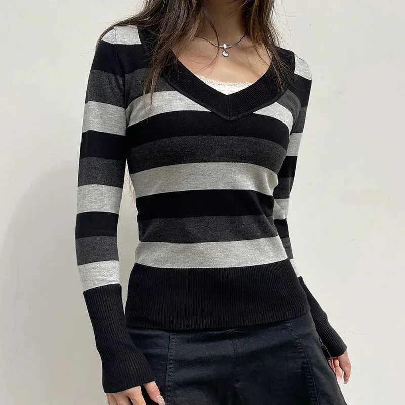 Vintage Gothic Stripe Slim Autumn Sweater Knitwear 90s Aesthetic Slim Knitted Pullover Harajuku V Neck Knit Jumpers