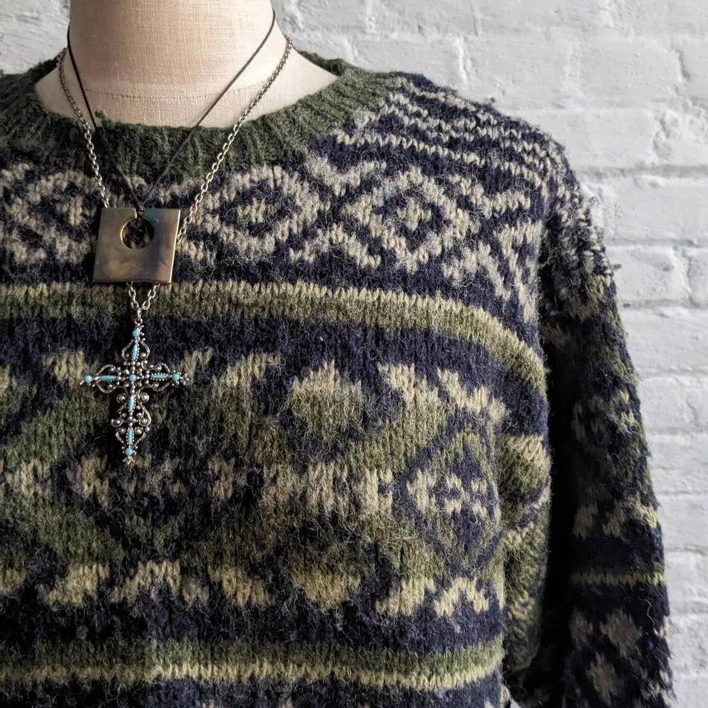 Vintage Knit Wool Green Grandpa Sweater Minimalist Fairisle Grunge Earthtone Top