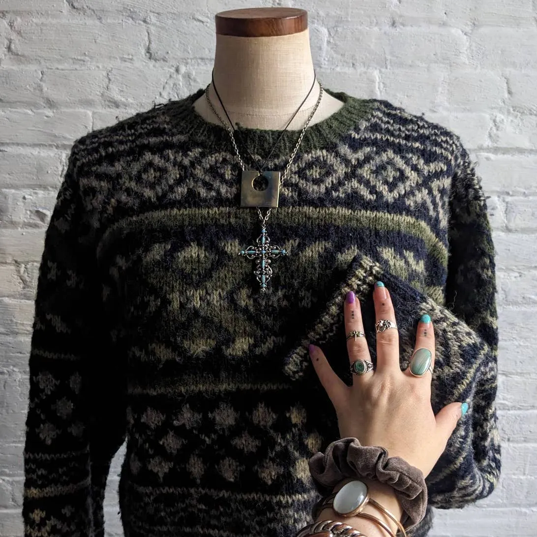 Vintage Knit Wool Green Grandpa Sweater Minimalist Fairisle Grunge Earthtone Top