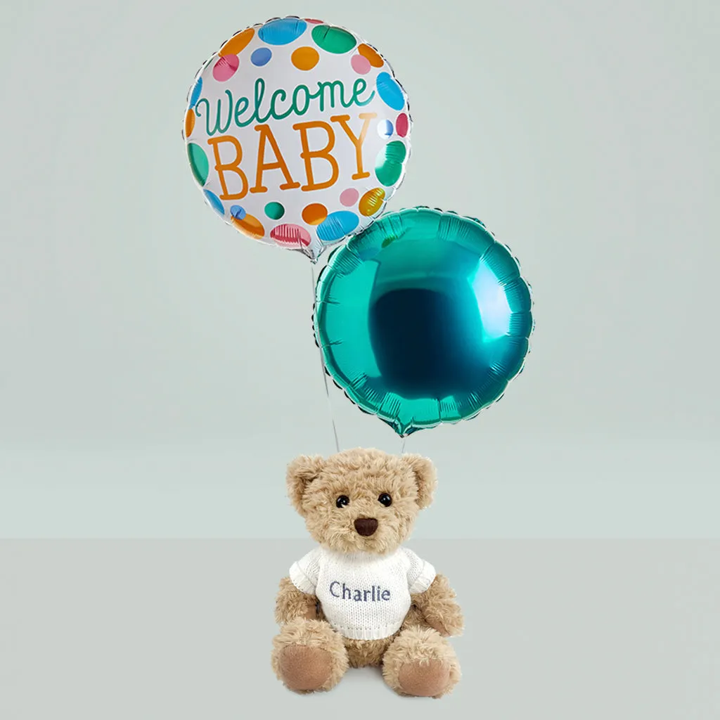 Welcome Baby Balloons with Personalised Bertie Gift